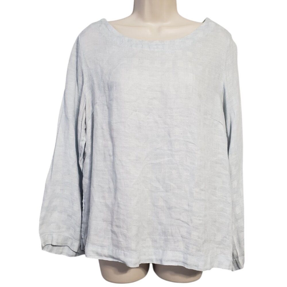 SIGRID OLSEN Lt Blue All Linen Top Large Round Neck Long Sleeve Checkered Weave